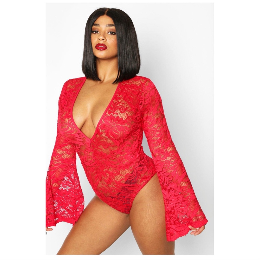 Boohoo red lace bodysuit